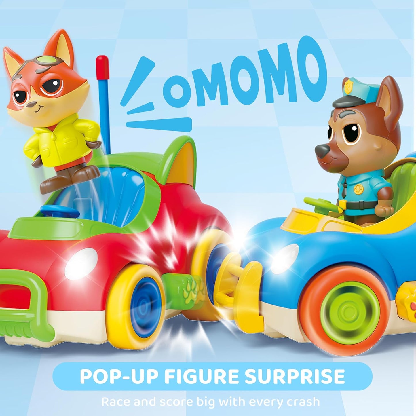 Remote Control Car for Toddlers, 2 Pack RC Cars with Figure Bump & Ejection Play, Kids Cartoon Toys with LED Lights, Music, Volume Control, Christmas Birthday Gift for Boys & Girls