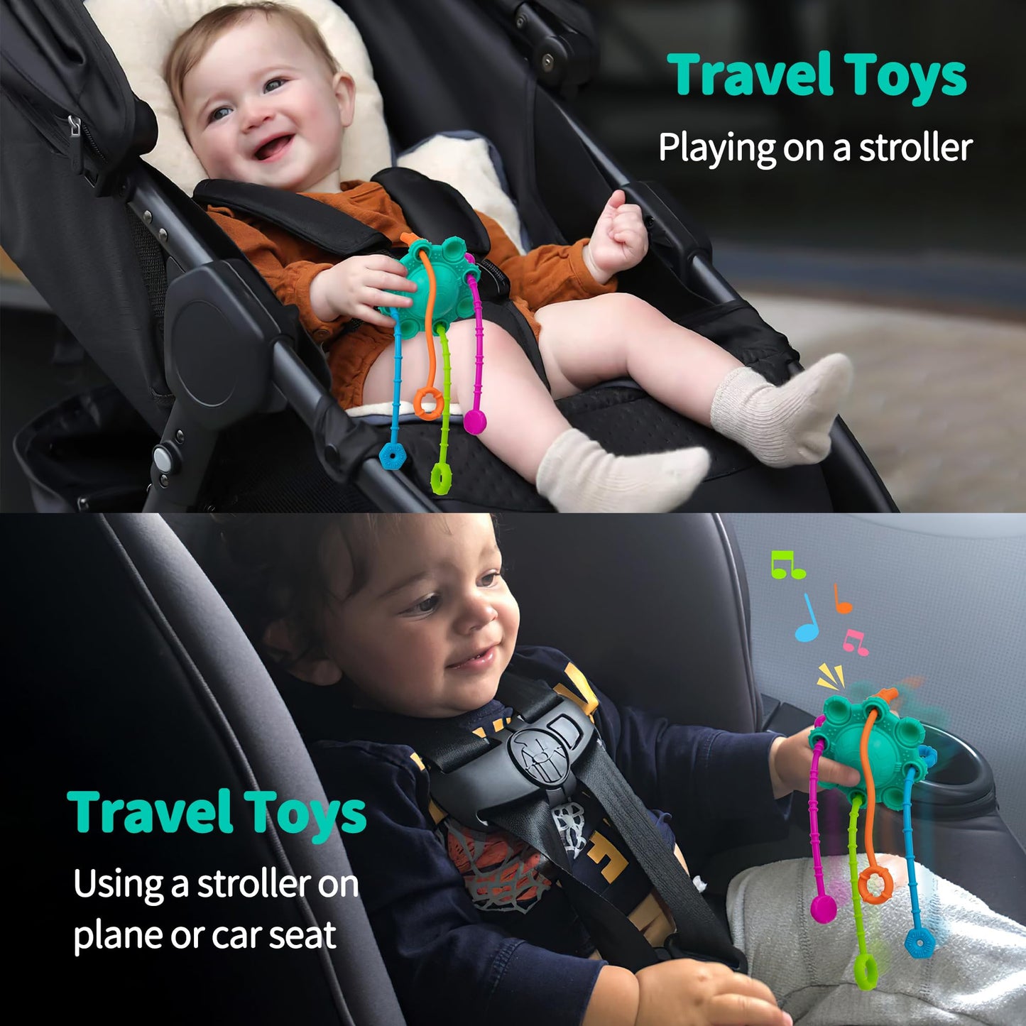 Montesorri-Toys - Pull String Toys for Baby - Made of 100% Food Grade Silicone with Built-in Rattle Function and Easy to Clean Design (Blue)