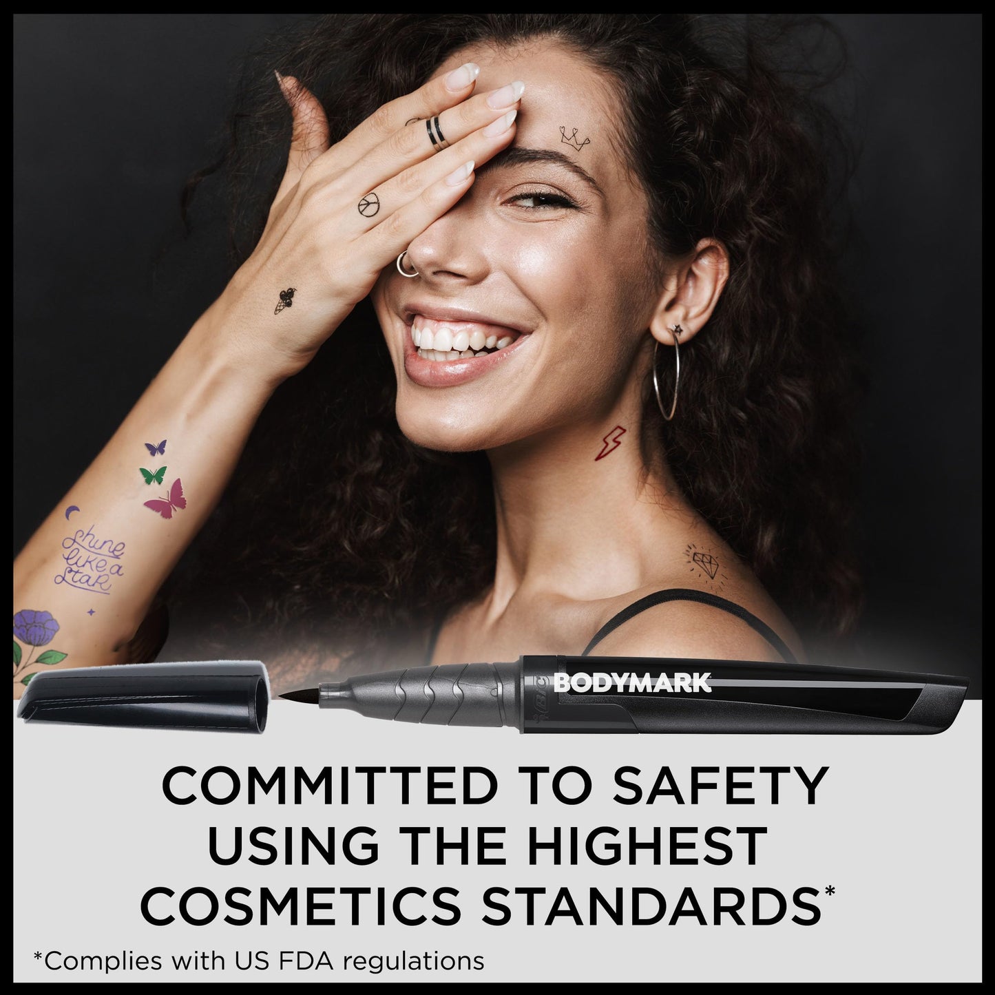 BodyMark Temporary Tattoo Markers, 8-Count Color Collection, Skin-Safe & Cosmetic Quality, Cruelty-Free, Long-Lasting, Flexible Brush Tip, Stencils Included