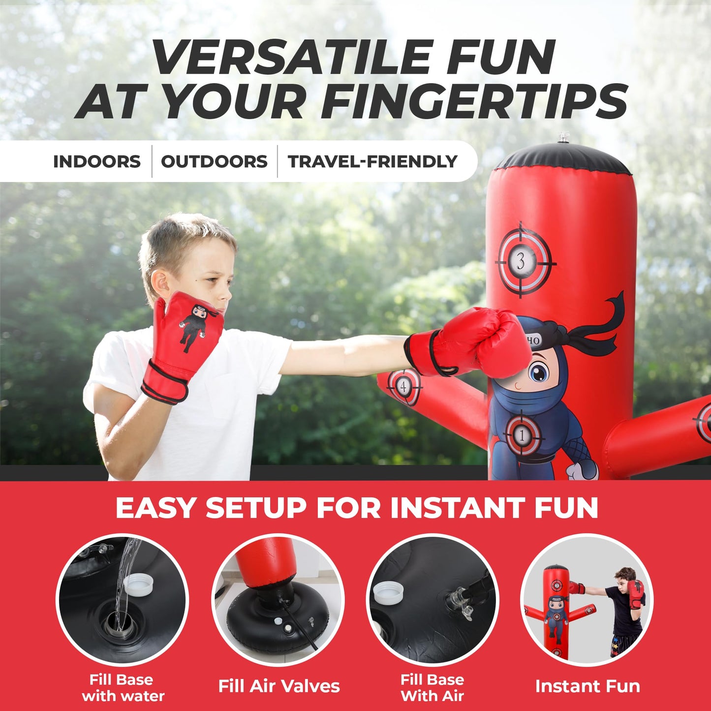 PUNCHO Inflatable Punching Bag for Kids - 63" Boxing Ninja Punching Bag Toy Set for Kids - Karate Gifts for Boys and Girls Age 3-12 - Durable Boxing Equipment for Kidz with Boxing Gloves, Pump, eBook