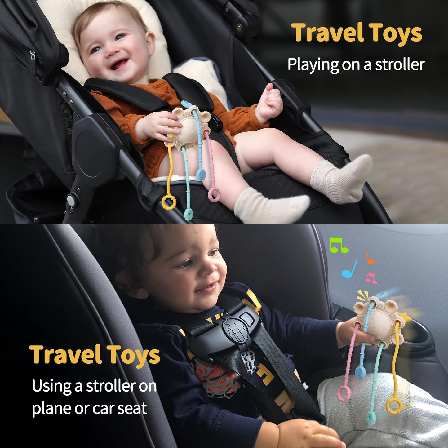 Montesorri-Toys - Pull String Toys for Baby - Made of 100% Food Grade Silicone with Built-in Rattle Function and Easy to Clean Design (Blue)