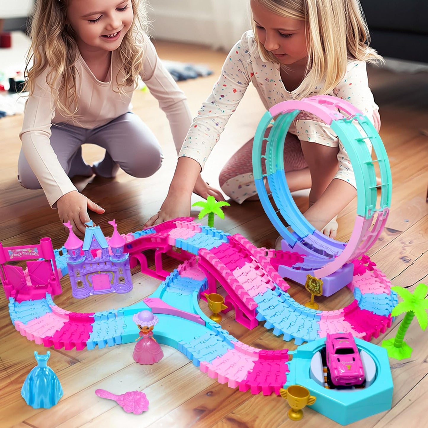 178 PCS Track Toy, Pink Racing Tracks Toys for 3 4 5 6 Year Old Girls, Flexible Tracks Car Magic Bendable Race Track Princess Toys with Light & Music for Toddlers, Kids and Girl Xmas Birthdays Gifts