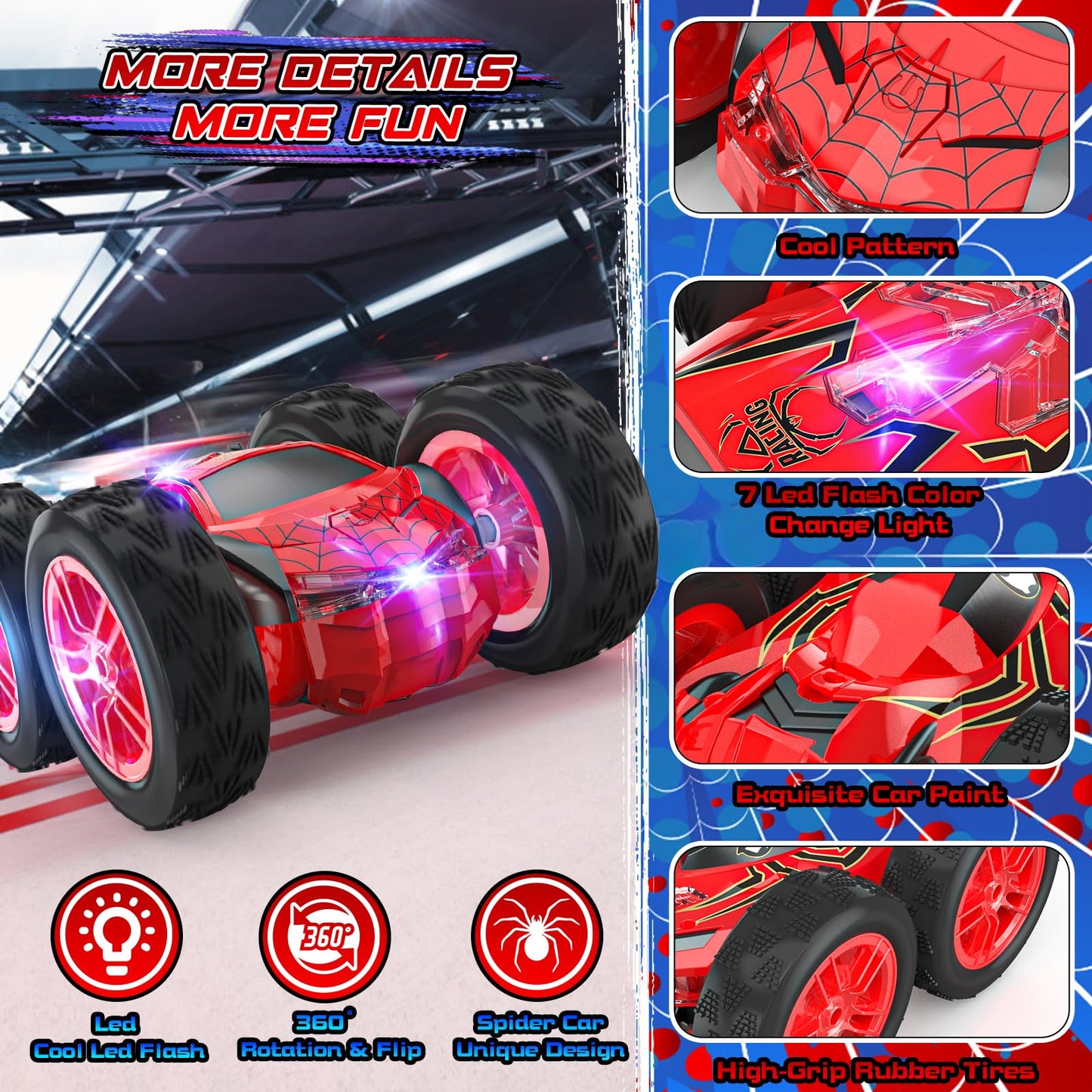 Remote Control Car for Kids, RC Stunt Cars Toys for Boys Ages 4-7 with Cool Double-Sided Pattern and LED Flash, 1:24 Vehicle Toy Car Hobby Racing Car Toys Gift for 3 4 5 6 7 8 9 Year Old Boys