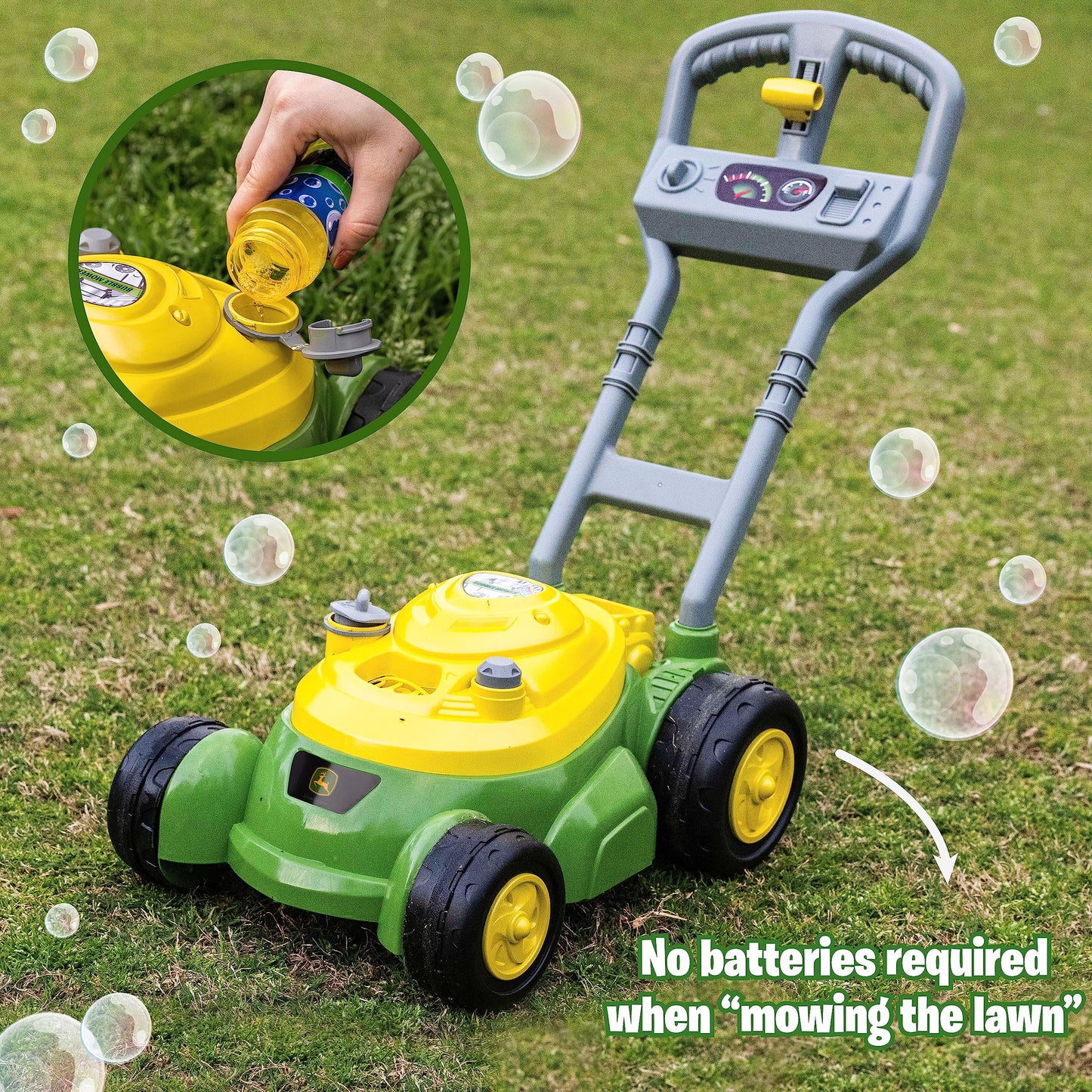 John Deere Bubble Lawn Mower for Toddlers, Bubble Blowing Machines, Indoor and Outdoor Gardening Toy, Birthday, Party Favor for Preschool Girls and Boys, No Batteries Required, 2+