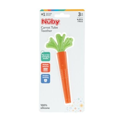 Nuby Silicone Carrot Tube Teether - Baby Teething Toy - Massaging Bristles for Sore Gums - 3+ Months