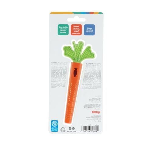 Nuby Silicone Carrot Tube Teether - Baby Teething Toy - Massaging Bristles for Sore Gums - 3+ Months