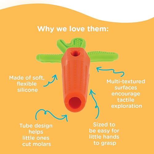 Nuby Silicone Carrot Tube Teether - Baby Teething Toy - Massaging Bristles for Sore Gums - 3+ Months