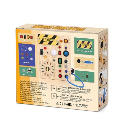 Busy Board, Montessori Toy for 1-3 Years Old, Wooden Toddler Sensory Travel Toy, Ideal Gift for 1+ Year Old Boys (Busy Board Plus V2), Medium, Yellow