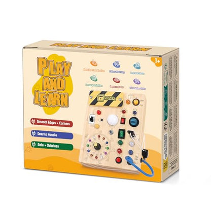 Busy Board, Montessori Toy for 1-3 Years Old, Wooden Toddler Sensory Travel Toy, Ideal Gift for 1+ Year Old Boys (Busy Board Plus V2), Medium, Yellow