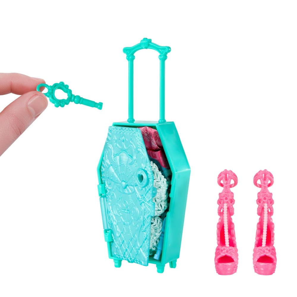 Monster High Skulltimate Secrets Draculaura Doll and Accessories Set, Destination: Gore-geous Oasis with Suitcase and 19+ Surprises Like Clothes