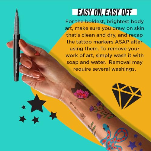 BodyMark Temporary Tattoo Markers, 8-Count Color Collection, Skin-Safe & Cosmetic Quality, Cruelty-Free, Long-Lasting, Flexible Brush Tip, Stencils Included