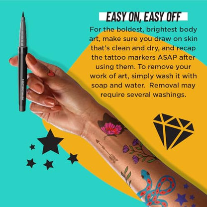 BodyMark Temporary Tattoo Markers, 8-Count Color Collection, Skin-Safe & Cosmetic Quality, Cruelty-Free, Long-Lasting, Flexible Brush Tip, Stencils Included