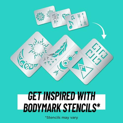 BodyMark Temporary Tattoo Markers, 8-Count Color Collection, Skin-Safe & Cosmetic Quality, Cruelty-Free, Long-Lasting, Flexible Brush Tip, Stencils Included