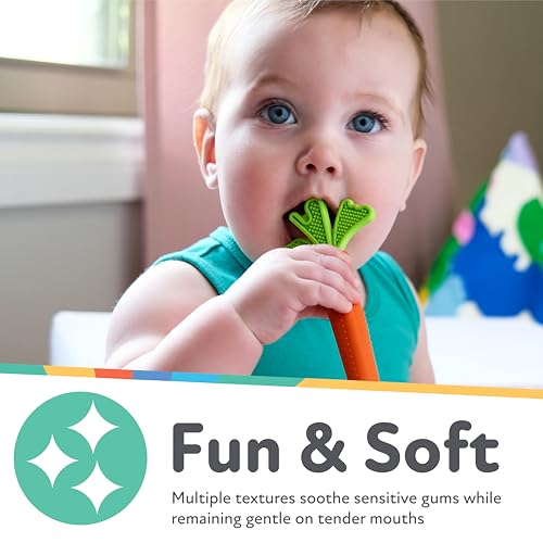 Nuby Silicone Carrot Tube Teether - Baby Teething Toy - Massaging Bristles for Sore Gums - 3+ Months