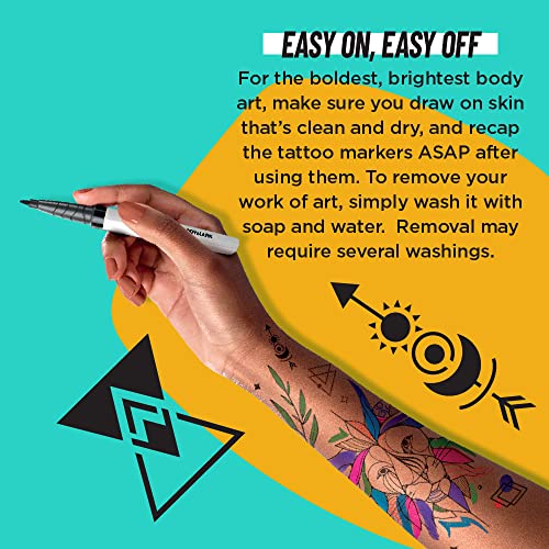 BodyMark Temporary Tattoo Markers, 8-Count Color Collection, Skin-Safe & Cosmetic Quality, Cruelty-Free, Long-Lasting, Flexible Brush Tip, Stencils Included