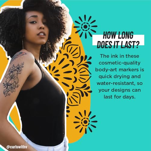 BodyMark Temporary Tattoo Markers, 8-Count Color Collection, Skin-Safe & Cosmetic Quality, Cruelty-Free, Long-Lasting, Flexible Brush Tip, Stencils Included