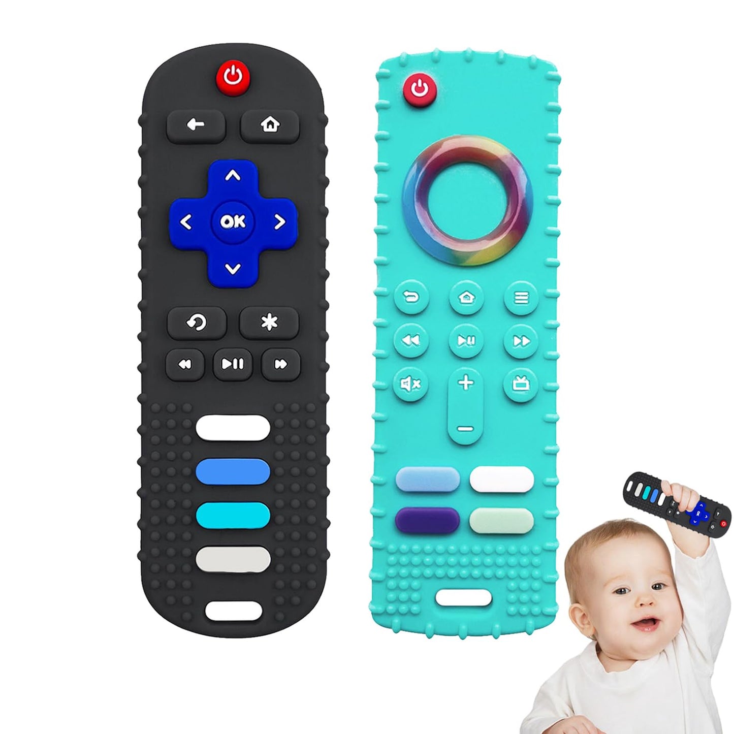 YAPROMO Baby Teething Toys,Reomte Teether Toys, Silicone Chew Toy for Babies 18+ Months, Remote Control Shape Teething Toys, Early Educational Toy BPA Free & Refrigerator Safe (Black02 & Pink01)