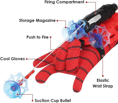 Superhero Costume Spider Web String Launcher Slinging Toy Set, Includes 2 Web Shooters, 2 Gloves, 2 Hero Masks, 1 Dart Board and 1 Cape, Ideal for Kids Indoor Outdoor Imaginative Role-Playing