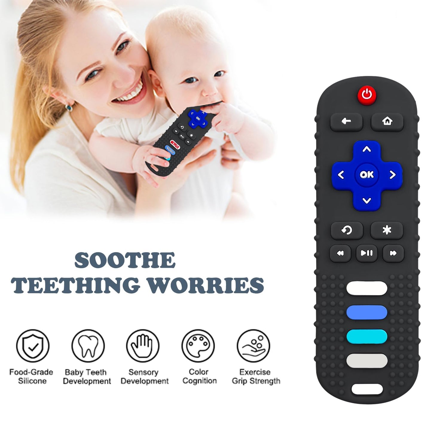 YAPROMO Baby Teething Toys,Reomte Teether Toys, Silicone Chew Toy for Babies 18+ Months, Remote Control Shape Teething Toys, Early Educational Toy BPA Free & Refrigerator Safe (Black02 & Pink01)