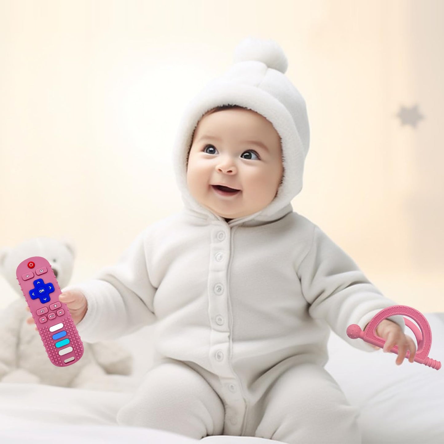 YAPROMO Baby Teething Toys,Reomte Teether Toys, Silicone Chew Toy for Babies 18+ Months, Remote Control Shape Teething Toys, Early Educational Toy BPA Free & Refrigerator Safe (Black02 & Pink01)