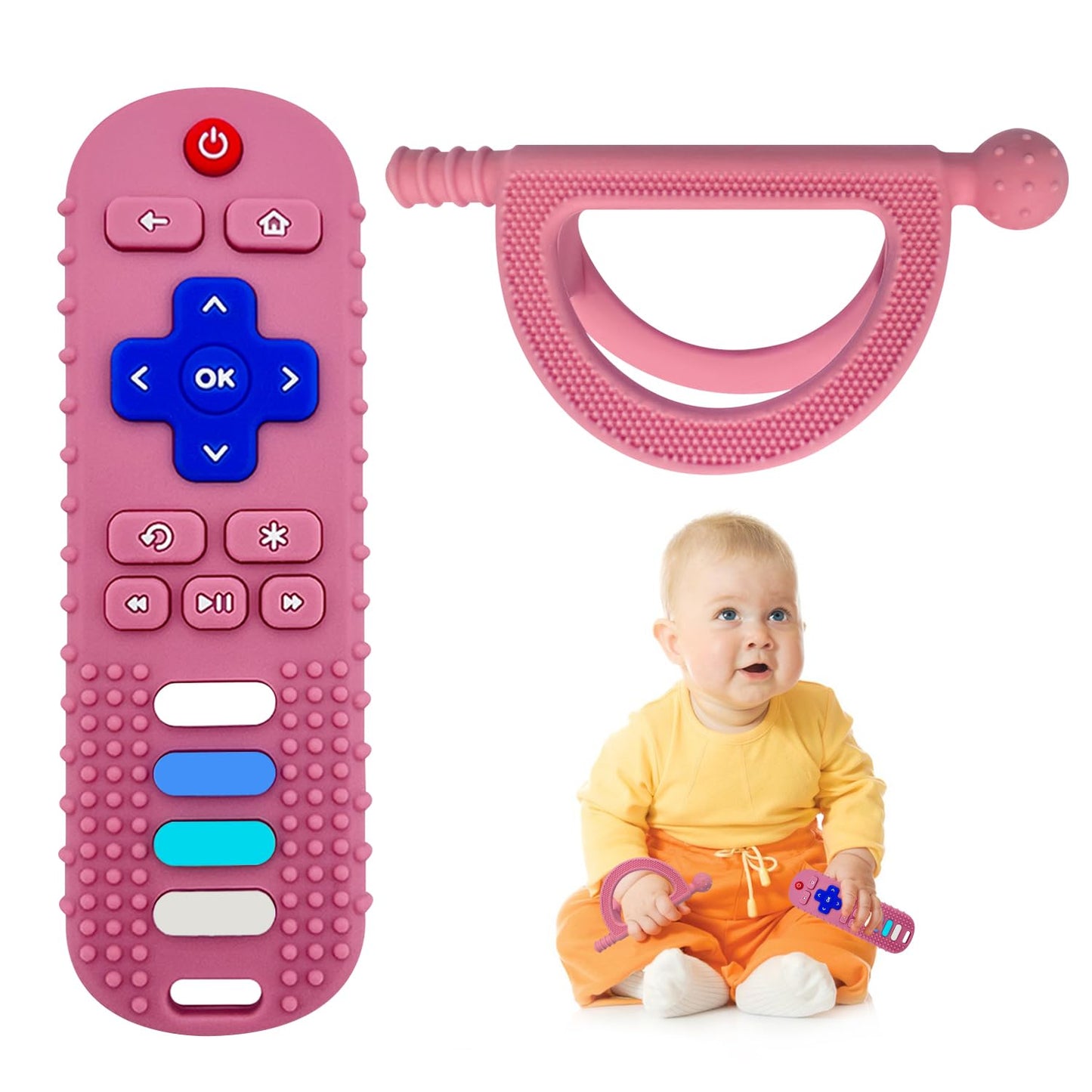 YAPROMO Baby Teething Toys,Reomte Teether Toys, Silicone Chew Toy for Babies 18+ Months, Remote Control Shape Teething Toys, Early Educational Toy BPA Free & Refrigerator Safe (Black02 & Pink01)