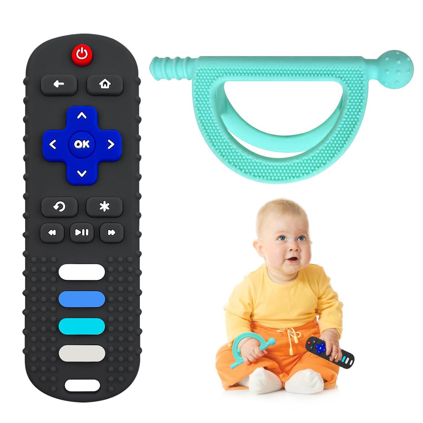 YAPROMO Baby Teething Toys,Reomte Teether Toys, Silicone Chew Toy for Babies 18+ Months, Remote Control Shape Teething Toys, Early Educational Toy BPA Free & Refrigerator Safe (Black02 & Pink01)