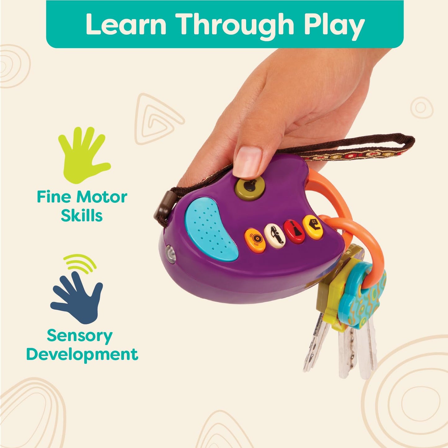 B. toys – Toy Car Keys – Key Fob with Lights & Sounds – Interactive Baby Toy – Pretend Keys for Babies, Toddlers – 10 Months + – FunKeys – Purple