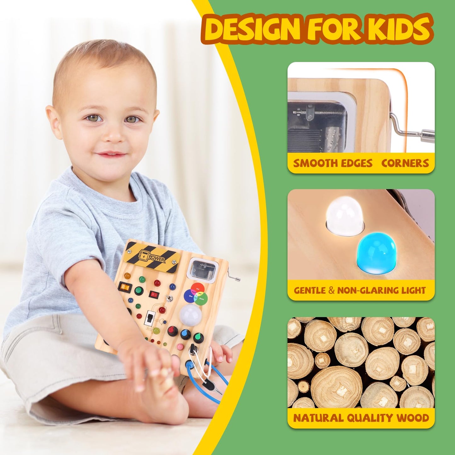 Busy Board, Montessori Toy for 1-3 Years Old, Wooden Toddler Sensory Travel Toy, Ideal Gift for 1+ Year Old Boys (Busy Board Plus V2), Medium, Yellow