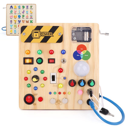 Busy Board, Montessori Toy for 1-3 Years Old, Wooden Toddler Sensory Travel Toy, Ideal Gift for 1+ Year Old Boys (Busy Board Plus V2), Medium, Yellow