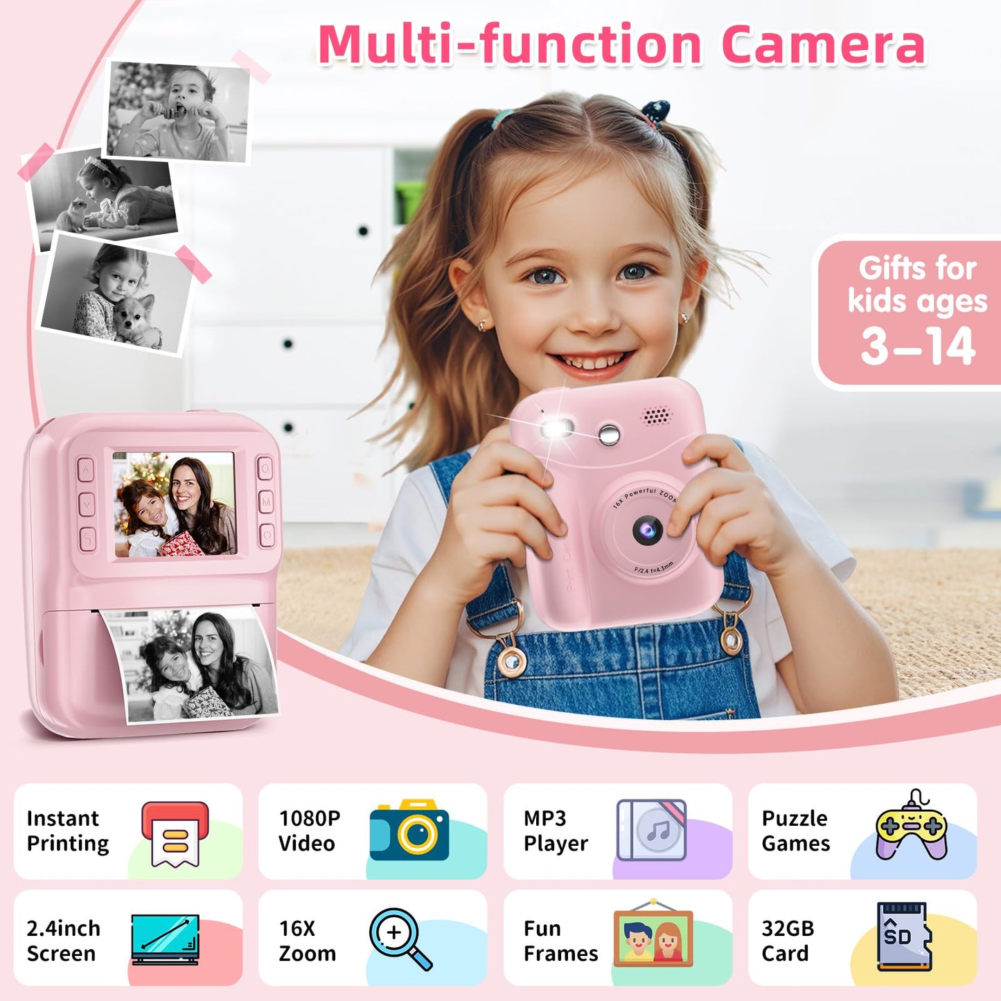 MINIBEAR Instant Print Camera for Kids Camera for Girls 48MP Kids Digital Camera, Toddler Selfie Video Camera Children Camera Christmas Birthday Gifts Toys for 3 4 5 6 7 8 9 10 Year Old Girls, Pink