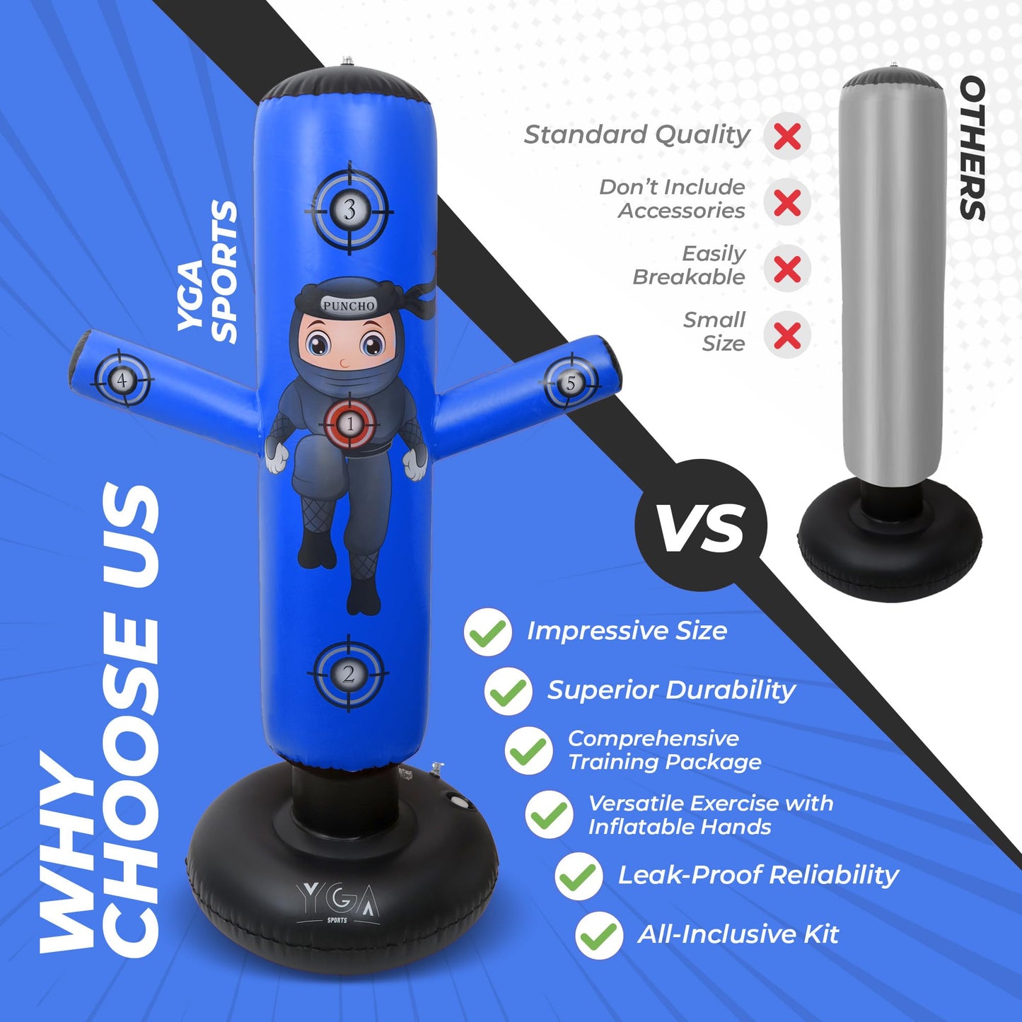 PUNCHO Inflatable Punching Bag for Kids - 63" Boxing Ninja Punching Bag Toy Set for Kids - Karate Gifts for Boys and Girls Age 3-12 - Durable Boxing Equipment for Kidz with Boxing Gloves, Pump, eBook