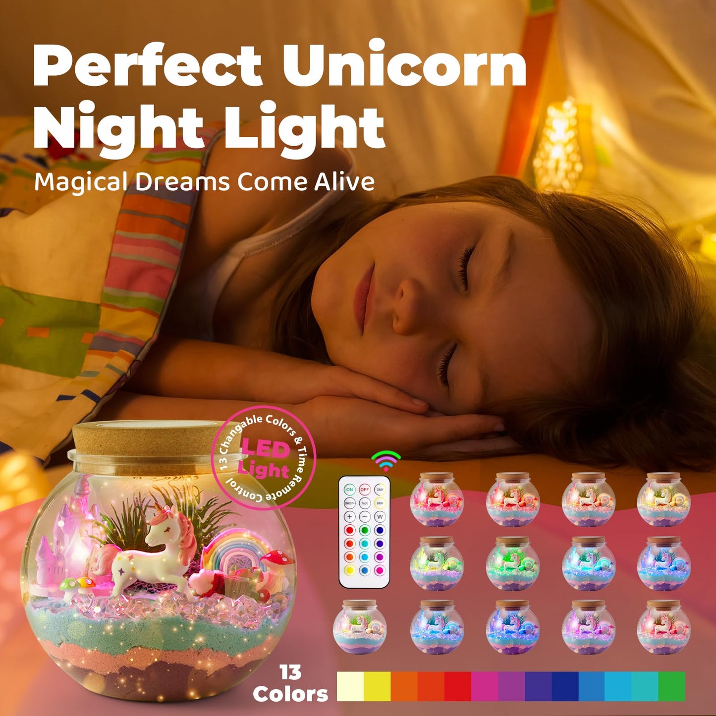JOYEEMAX Unicorn Light-Up Terrarium Kit for Kids - LED Night Light - DIY Arts and Crafts Kit for Girls Ages 4-12