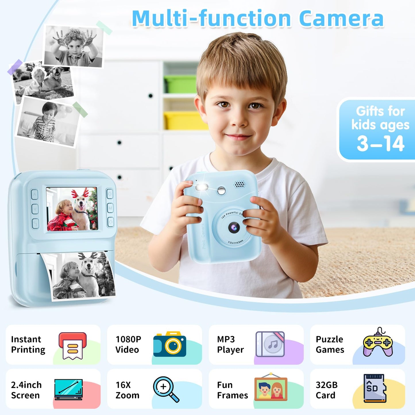 MINIBEAR Instant Print Camera for Kids Camera for Girls 48MP Kids Digital Camera, Toddler Selfie Video Camera Children Camera Christmas Birthday Gifts Toys for 3 4 5 6 7 8 9 10 Year Old Girls, Pink