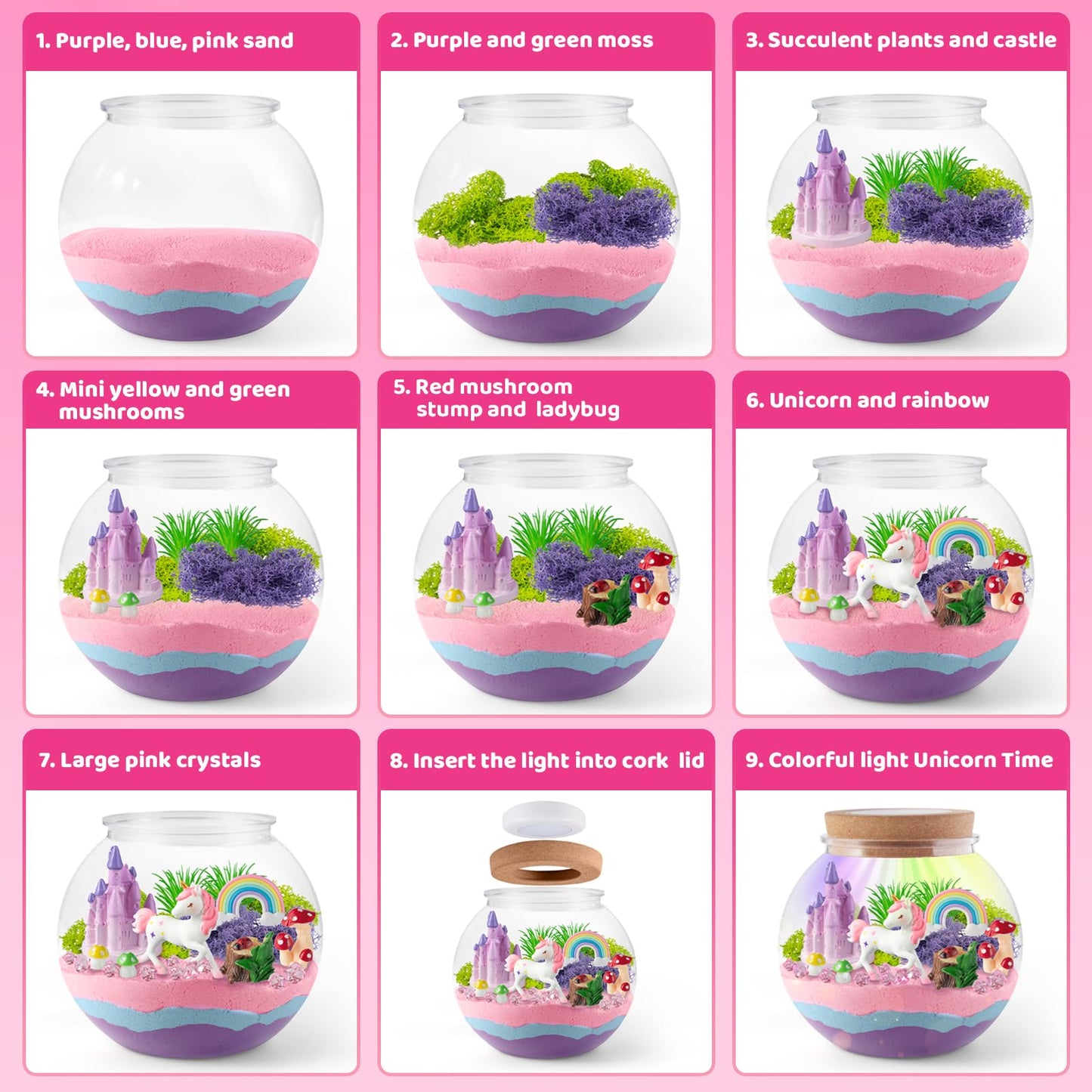 JOYEEMAX Unicorn Light-Up Terrarium Kit for Kids - LED Night Light - DIY Arts and Crafts Kit for Girls Ages 4-12