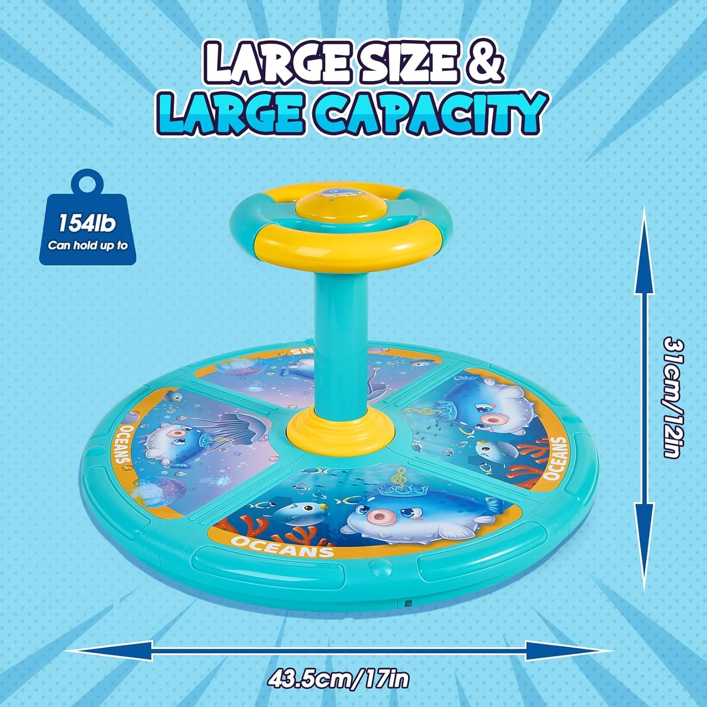 Sit and Spin, Christmas Birthday Gift Toddlers Sit and Spin Toy for 1-2 3 4 Years Old Girl Boy, 360° Ocean Interactive Sensory Spinning Toys for Ages 2-10 Kids LED & Sound with Free Stickers