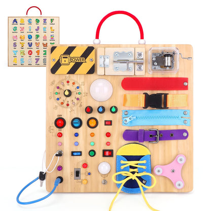Busy Board, Montessori Toy for 1-3 Years Old, Wooden Toddler Sensory Travel Toy, Ideal Gift for 1+ Year Old Boys (Busy Board Plus V2), Medium, Yellow