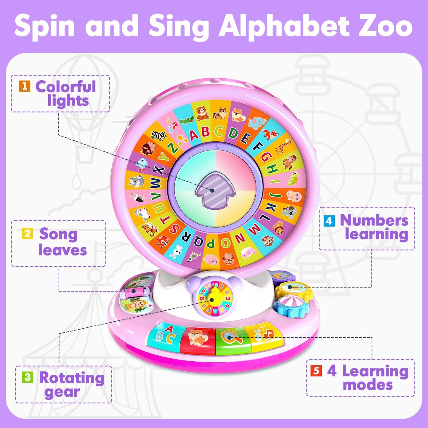 Toys for 1 2 3 Years Old Boys Girls, Musical Spin & Sing Alphabet Zoo with Lights & Sounds, Learning Educational Toys for Toddler 1-3, Christmas Birthday Gifts for Baby Kids Age 6-9-12-18 Months