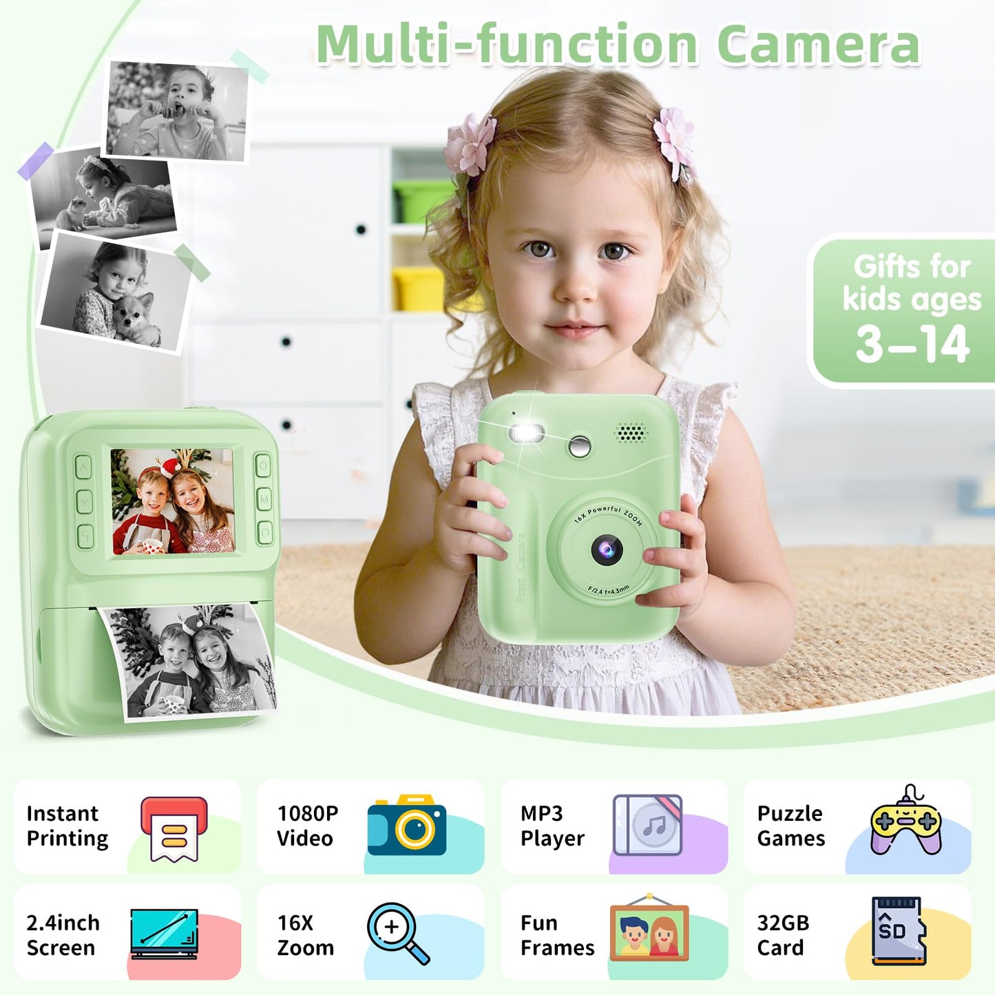 MINIBEAR Instant Print Camera for Kids Camera for Girls 48MP Kids Digital Camera, Toddler Selfie Video Camera Children Camera Christmas Birthday Gifts Toys for 3 4 5 6 7 8 9 10 Year Old Girls, Pink