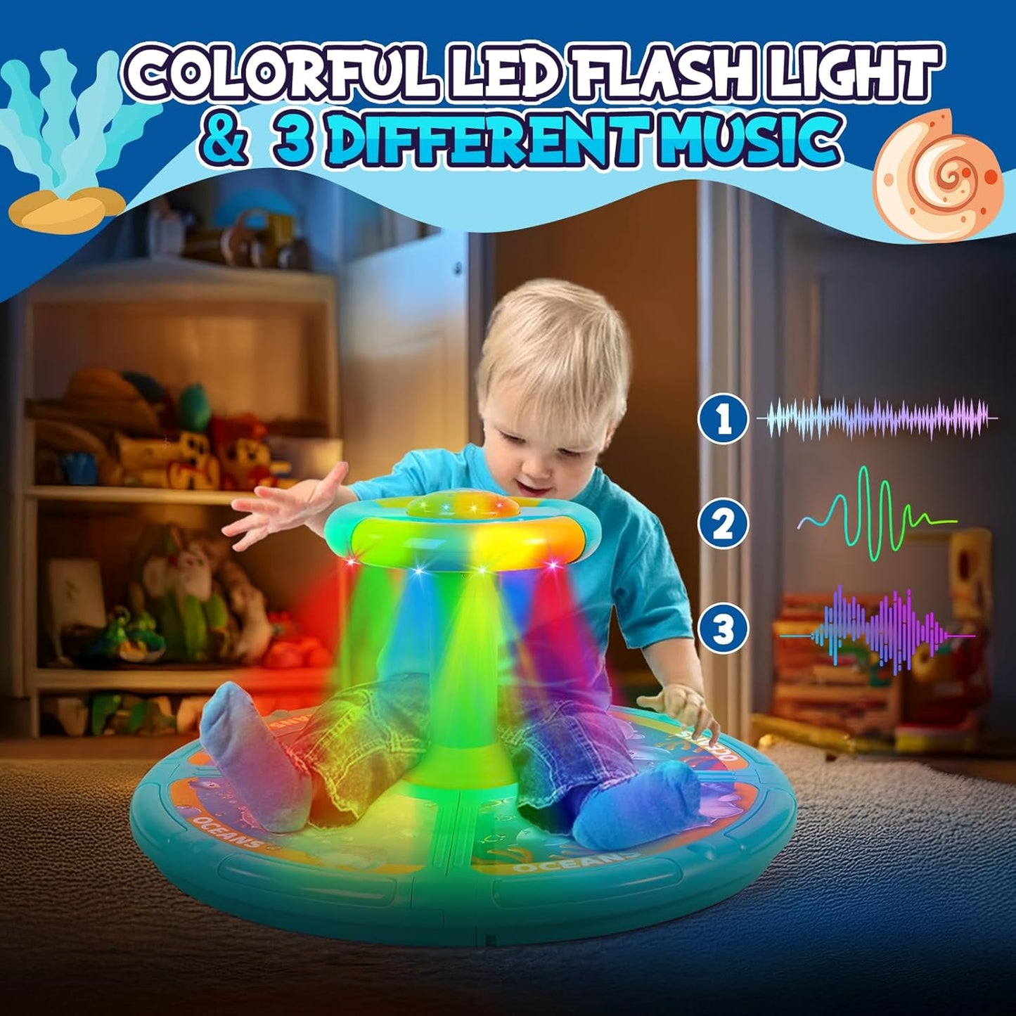 Sit and Spin, Christmas Birthday Gift Toddlers Sit and Spin Toy for 1-2 3 4 Years Old Girl Boy, 360° Ocean Interactive Sensory Spinning Toys for Ages 2-10 Kids LED & Sound with Free Stickers