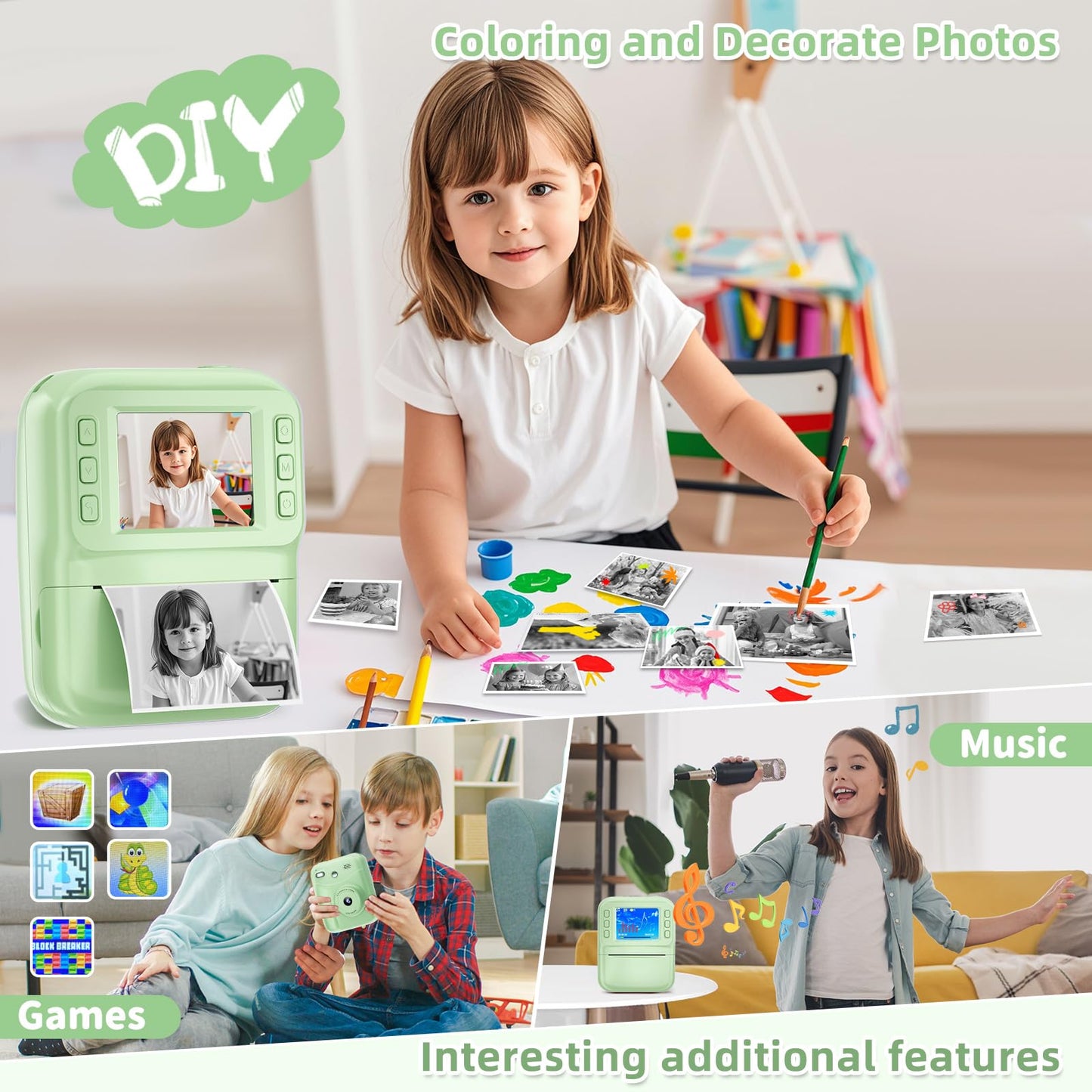 MINIBEAR Instant Print Camera for Kids Camera for Girls 48MP Kids Digital Camera, Toddler Selfie Video Camera Children Camera Christmas Birthday Gifts Toys for 3 4 5 6 7 8 9 10 Year Old Girls, Pink
