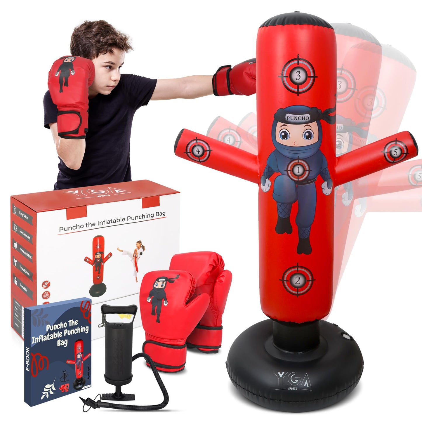 PUNCHO Inflatable Punching Bag for Kids - 63" Boxing Ninja Punching Bag Toy Set for Kids - Karate Gifts for Boys and Girls Age 3-12 - Durable Boxing Equipment for Kidz with Boxing Gloves, Pump, eBook