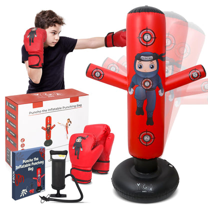PUNCHO Inflatable Punching Bag for Kids - 63" Boxing Ninja Punching Bag Toy Set for Kids - Karate Gifts for Boys and Girls Age 3-12 - Durable Boxing Equipment for Kidz with Boxing Gloves, Pump, eBook