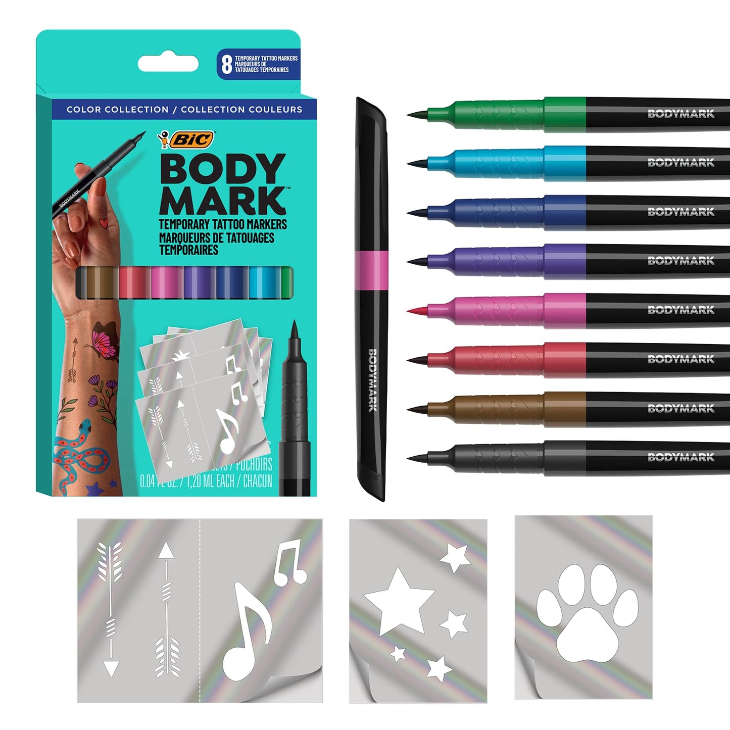 BodyMark Temporary Tattoo Markers, 8-Count Color Collection, Skin-Safe & Cosmetic Quality, Cruelty-Free, Long-Lasting, Flexible Brush Tip, Stencils Included