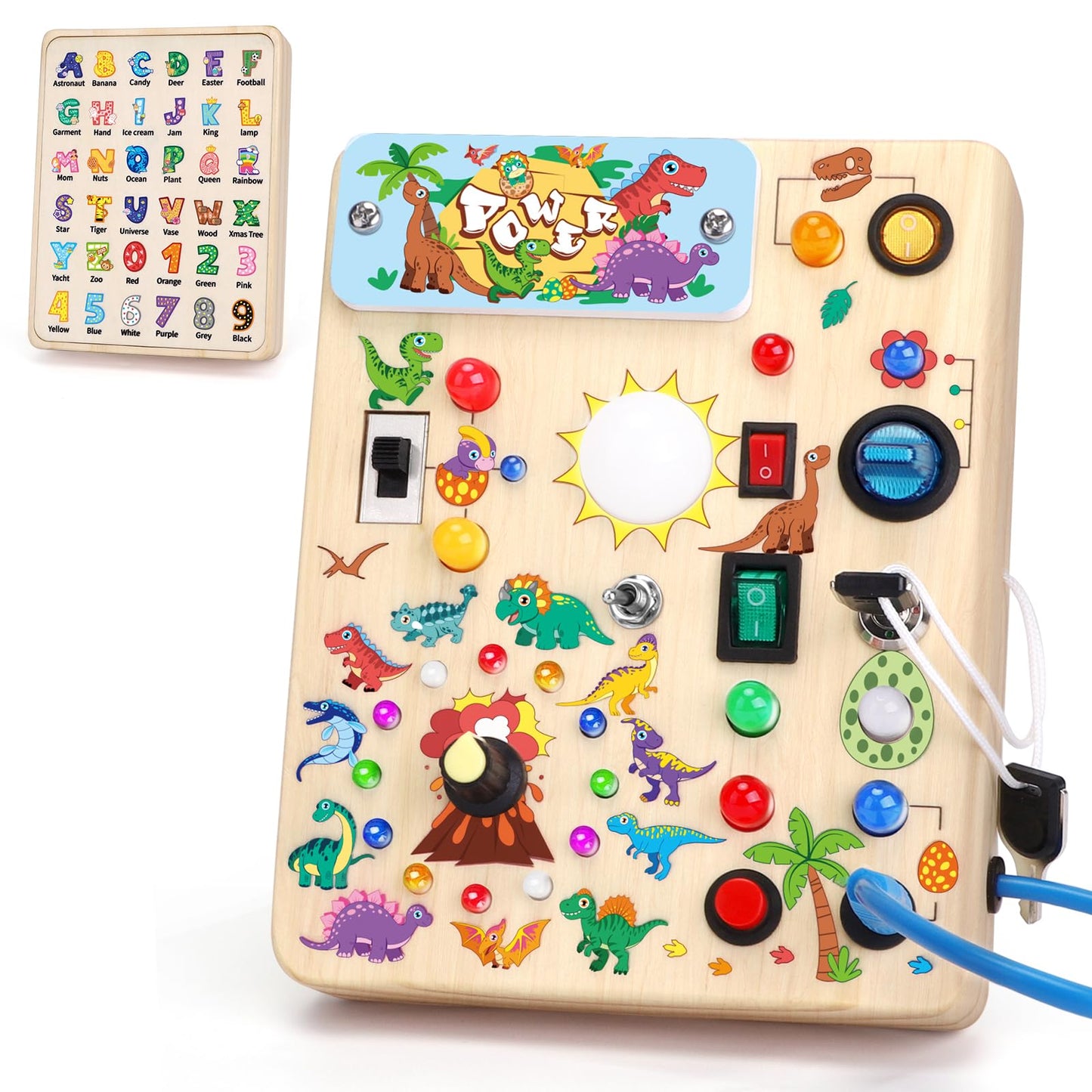 Busy Board, Montessori Toy for 1-3 Years Old, Wooden Toddler Sensory Travel Toy, Ideal Gift for 1+ Year Old Boys (Busy Board Plus V2), Medium, Yellow