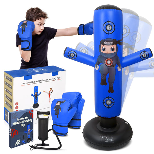 PUNCHO Inflatable Punching Bag for Kids - 63" Boxing Ninja Punching Bag Toy Set for Kids - Karate Gifts for Boys and Girls Age 3-12 - Durable Boxing Equipment for Kidz with Boxing Gloves, Pump, eBook