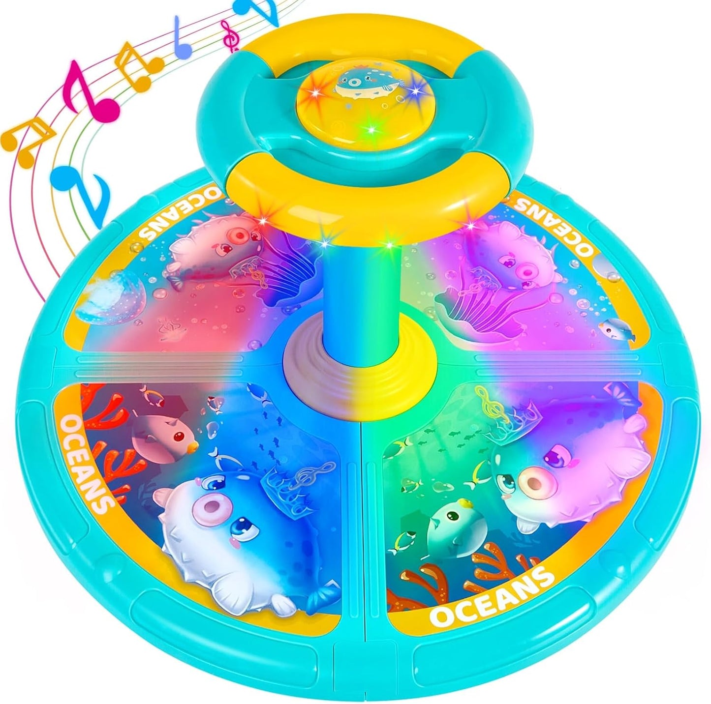 Sit and Spin, Christmas Birthday Gift Toddlers Sit and Spin Toy for 1-2 3 4 Years Old Girl Boy, 360° Ocean Interactive Sensory Spinning Toys for Ages 2-10 Kids LED & Sound with Free Stickers