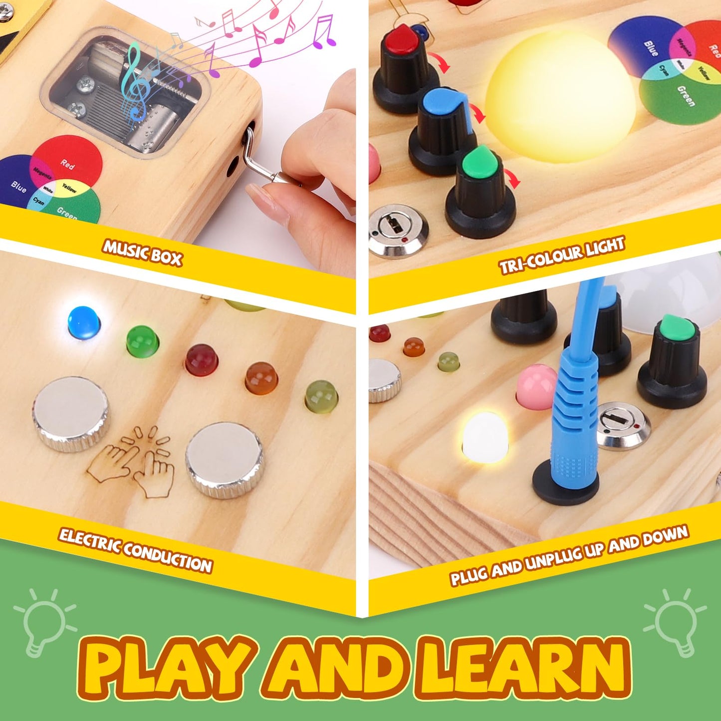 Busy Board, Montessori Toy for 1-3 Years Old, Wooden Toddler Sensory Travel Toy, Ideal Gift for 1+ Year Old Boys (Busy Board Plus V2), Medium, Yellow