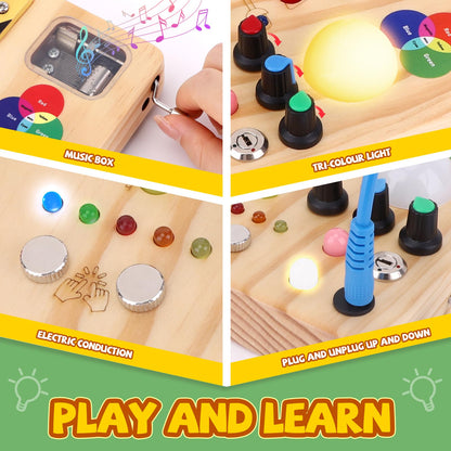 Busy Board, Montessori Toy for 1-3 Years Old, Wooden Toddler Sensory Travel Toy, Ideal Gift for 1+ Year Old Boys (Busy Board Plus V2), Medium, Yellow