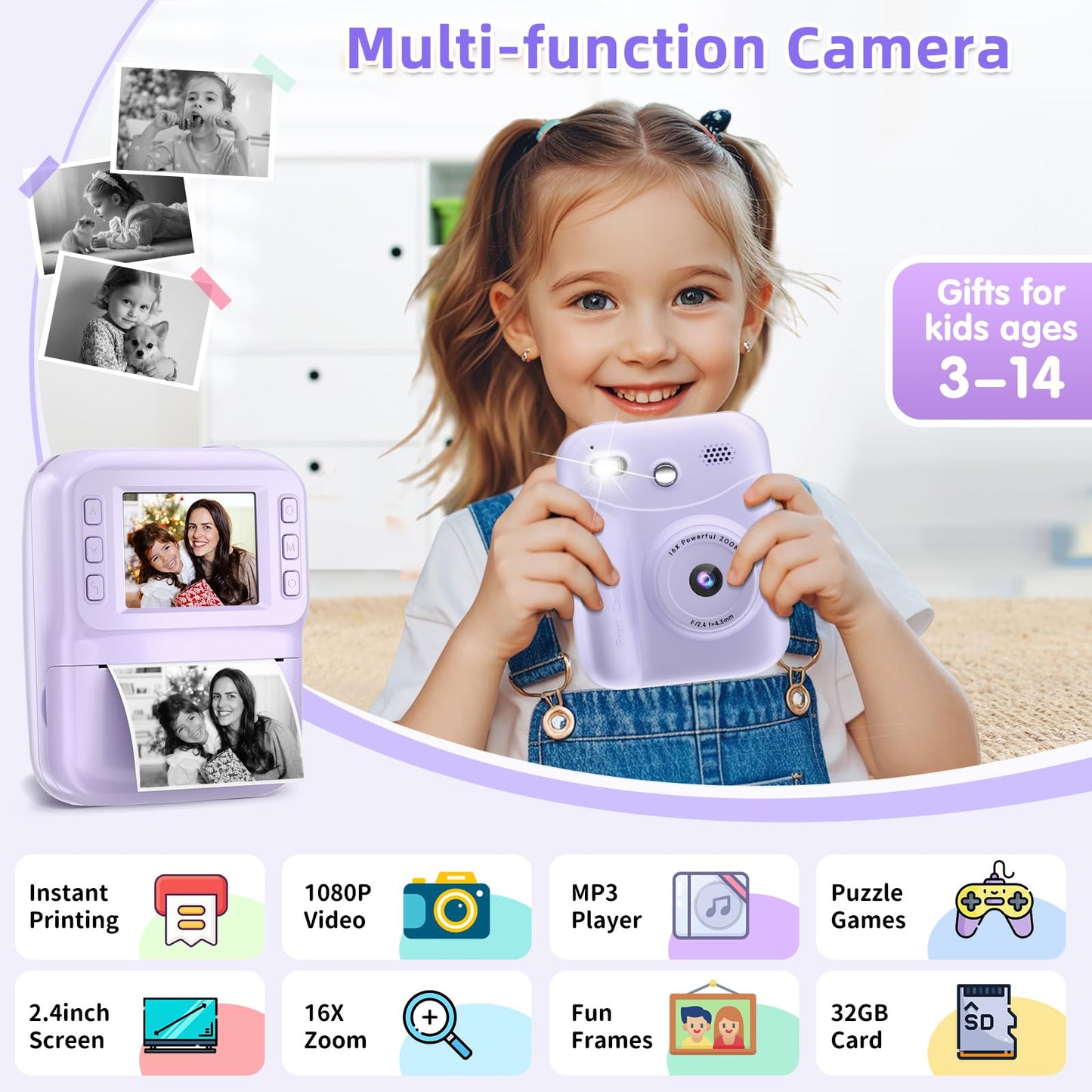 MINIBEAR Instant Print Camera for Kids Camera for Girls 48MP Kids Digital Camera, Toddler Selfie Video Camera Children Camera Christmas Birthday Gifts Toys for 3 4 5 6 7 8 9 10 Year Old Girls, Pink