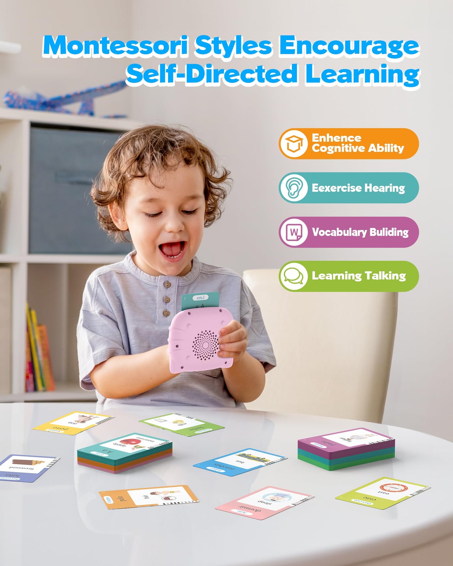 Talking Flash Cards for Toddlers 1 2 3 4 Year Olds, Montessori Language Learning with 224 Words, Pocket Speech Therapy and Autism Playthings, Children's Sensory Educational Device